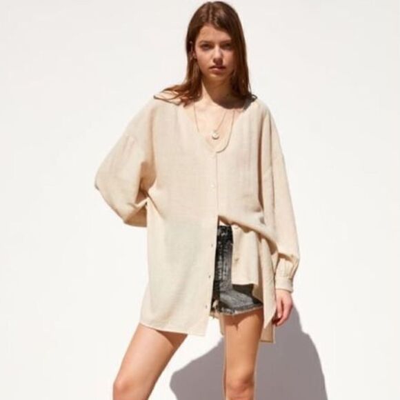 Zara- Linen Cotton Button Down Shirt Oversized Beige Women’s, Size XS - Picture 1 of 11